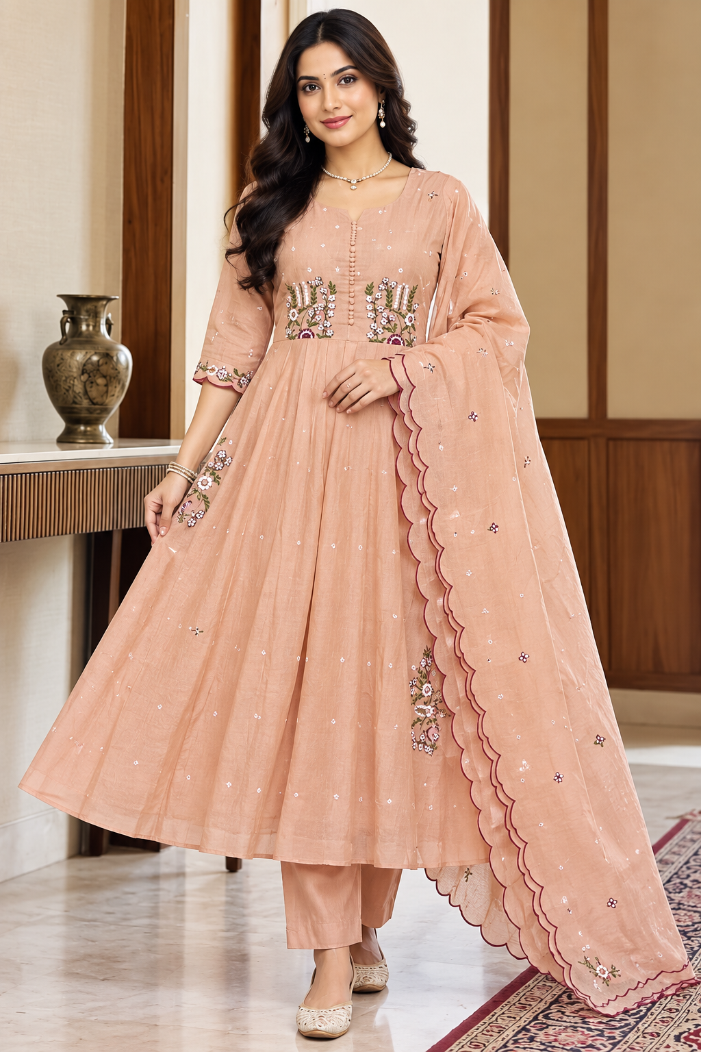 Women’s Peach Beige Floral Embroidered Rayon 3-Piece Kurti Set