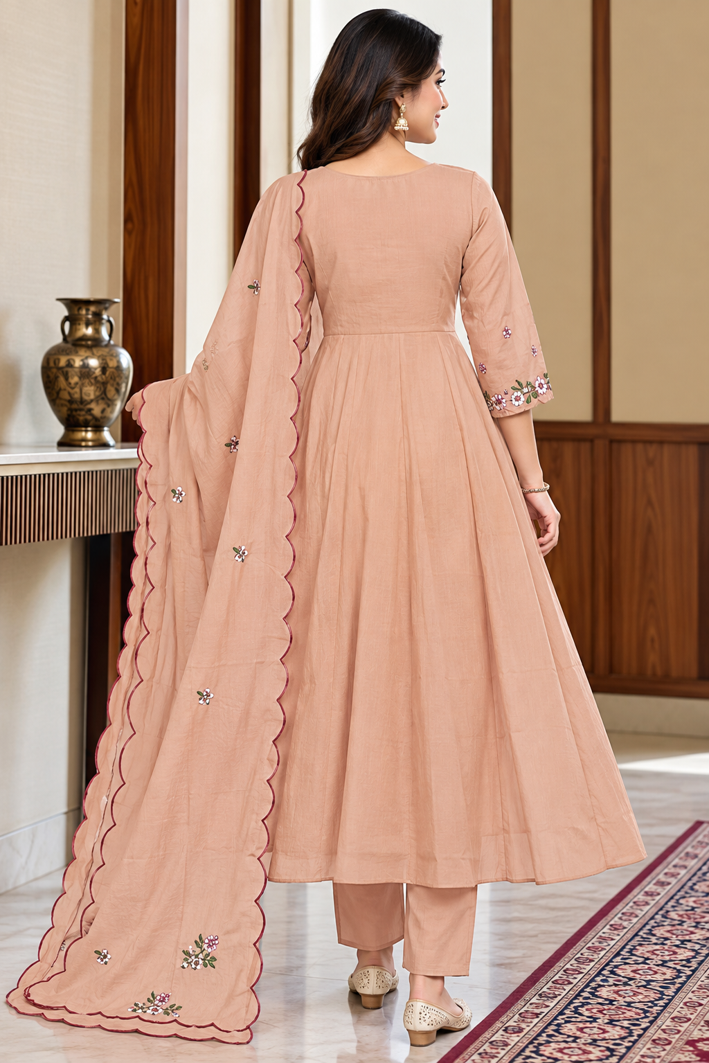Women’s Peach Beige Floral Embroidered Rayon 3-Piece Kurti Set