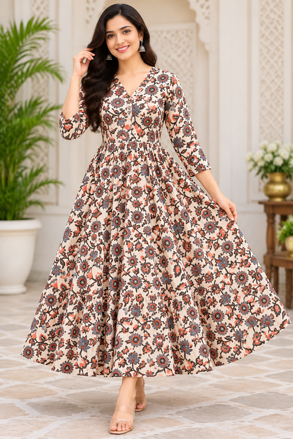 Women’s Beige Floral Printed Cotton Flared Single Piece Kurthi