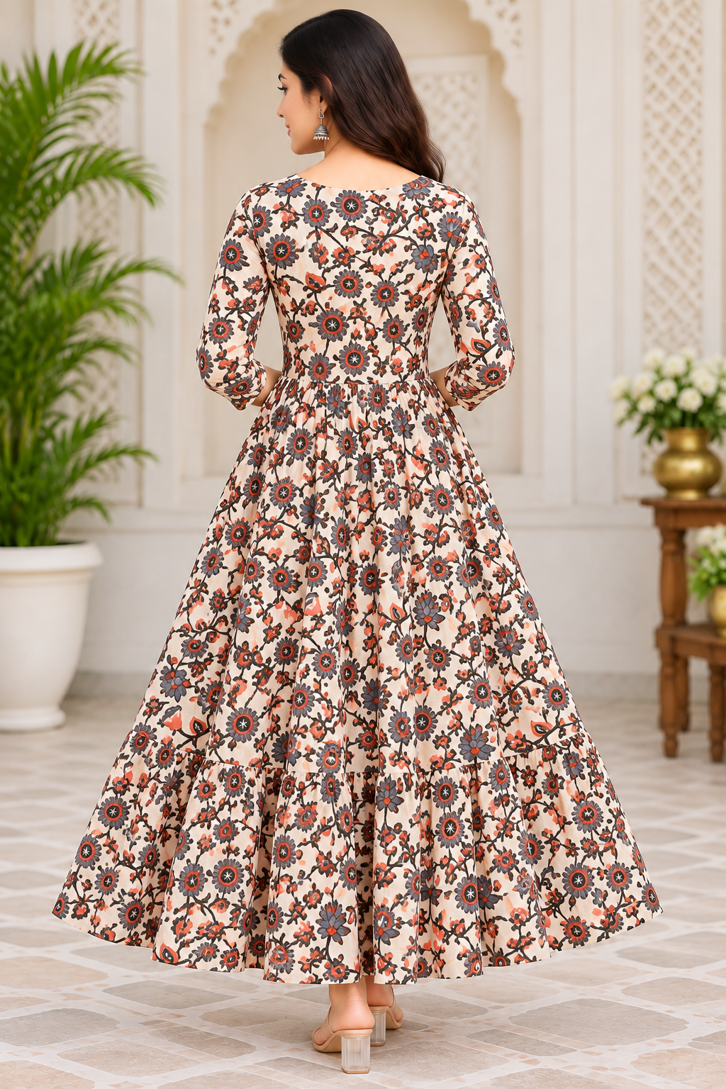 Women’s Beige Floral Printed Cotton Flared Single Piece Kurthi