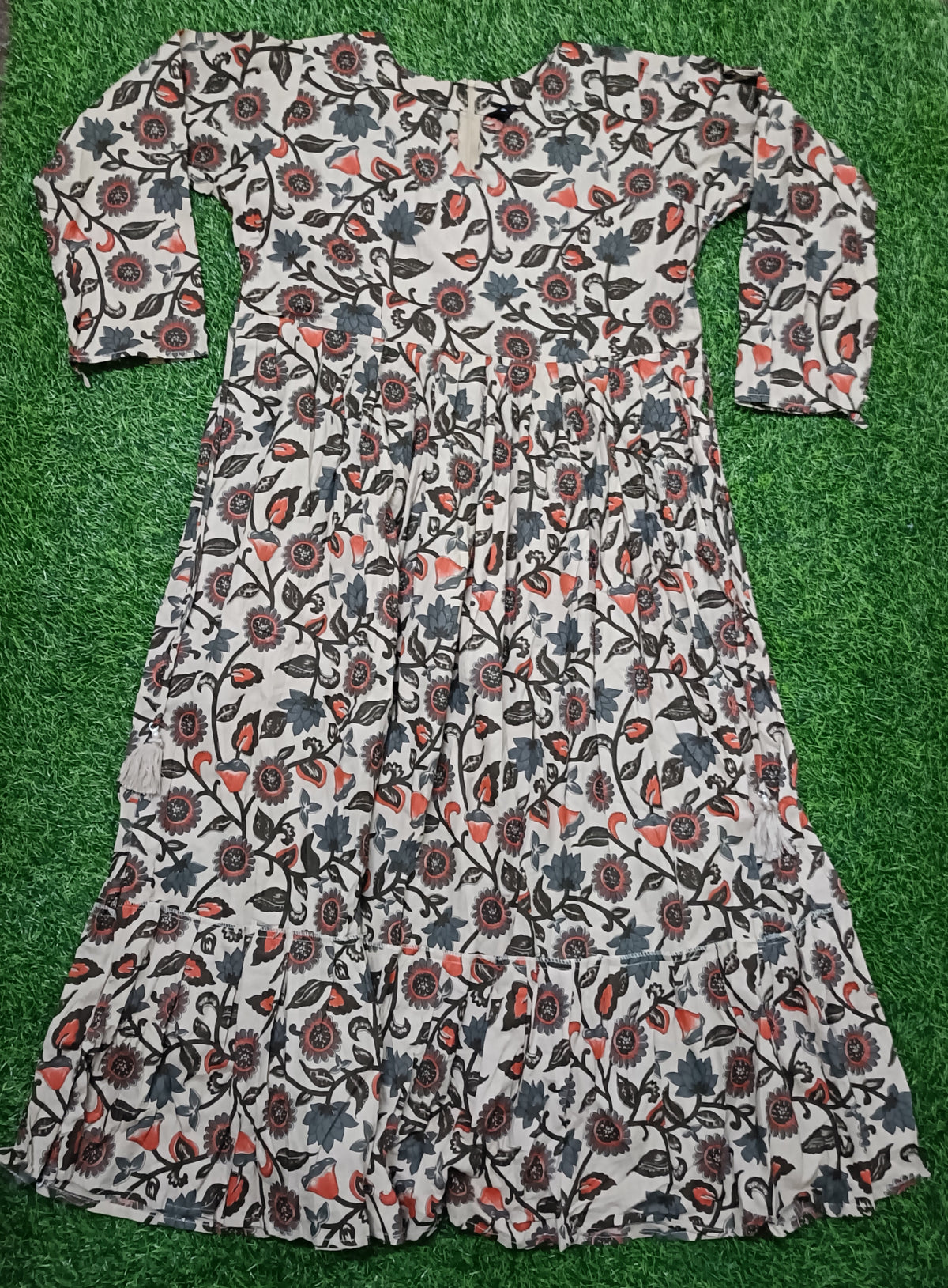 Women’s Beige Floral Printed Cotton Flared Single Piece Kurthi