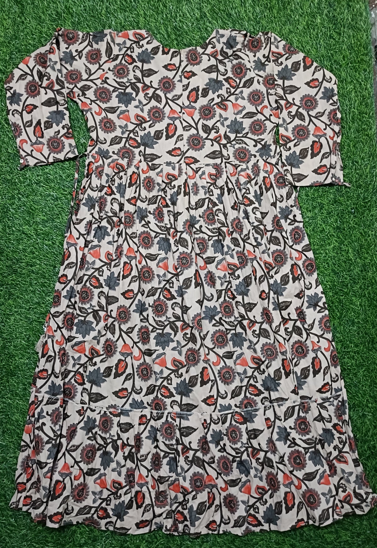 Women’s Beige Floral Printed Cotton Flared Single Piece Kurthi