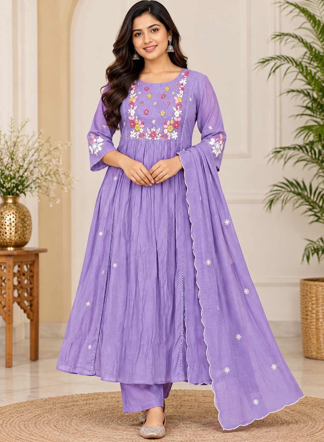 Women’s Lavender Floral Embroidered Rayon 3-Piece Kurthi Set