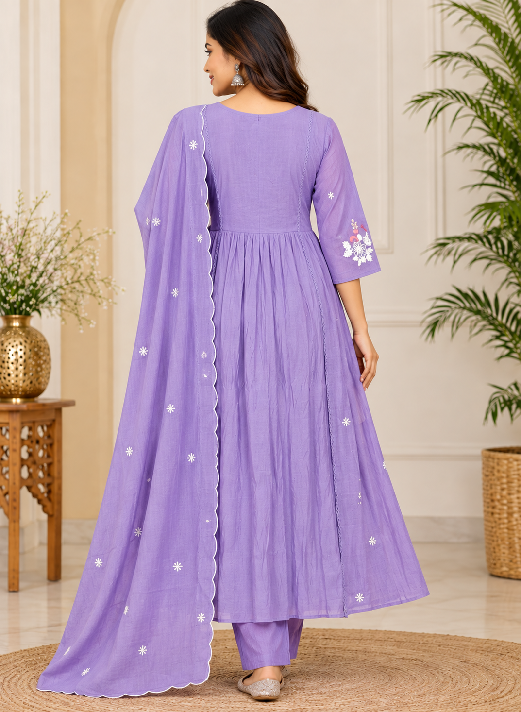Women’s Lavender Floral Embroidered Rayon 3-Piece Kurthi Set