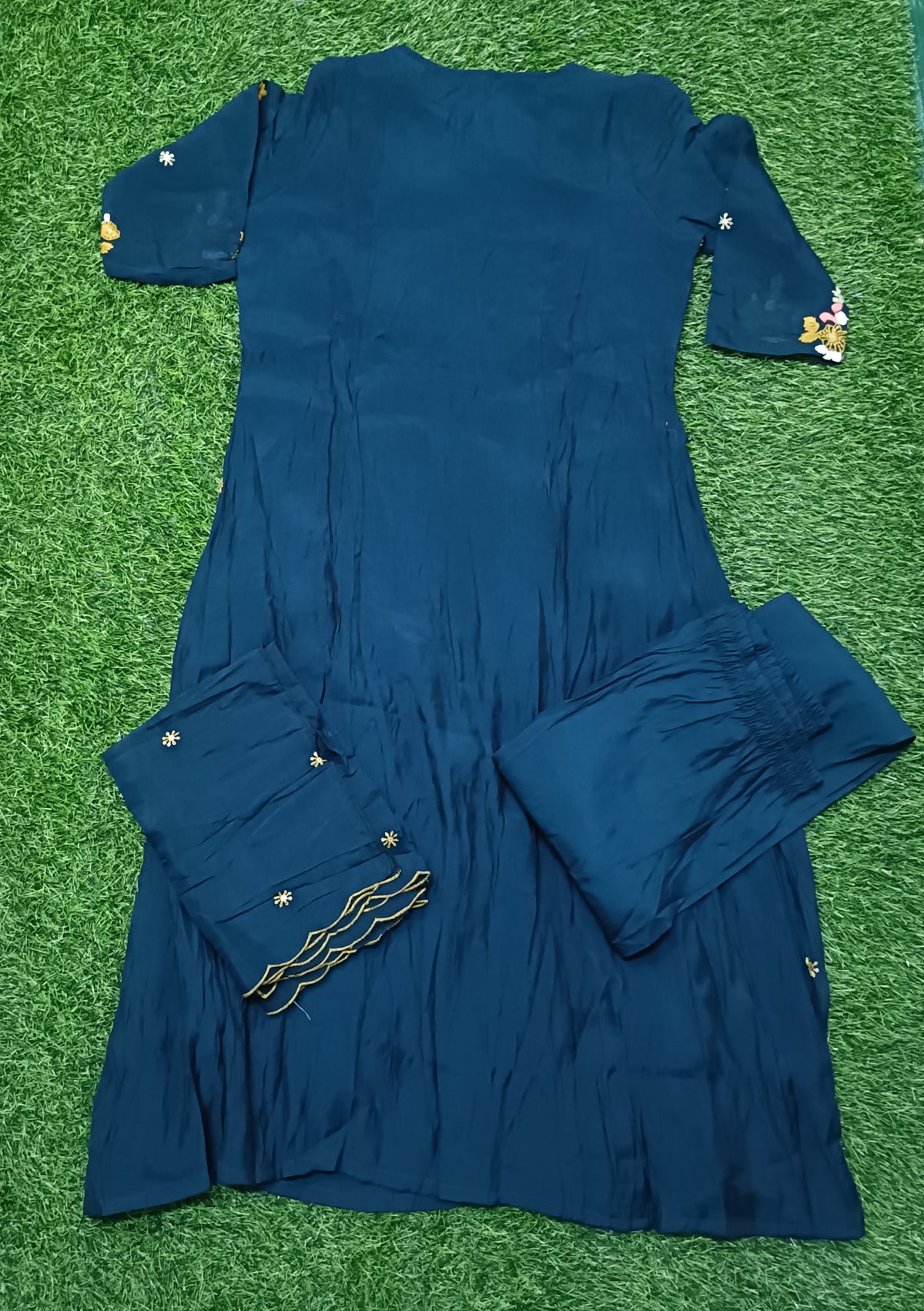 Women’s Navy Blue Floral Embroidered Rayon 3-Piece Kurthi Set