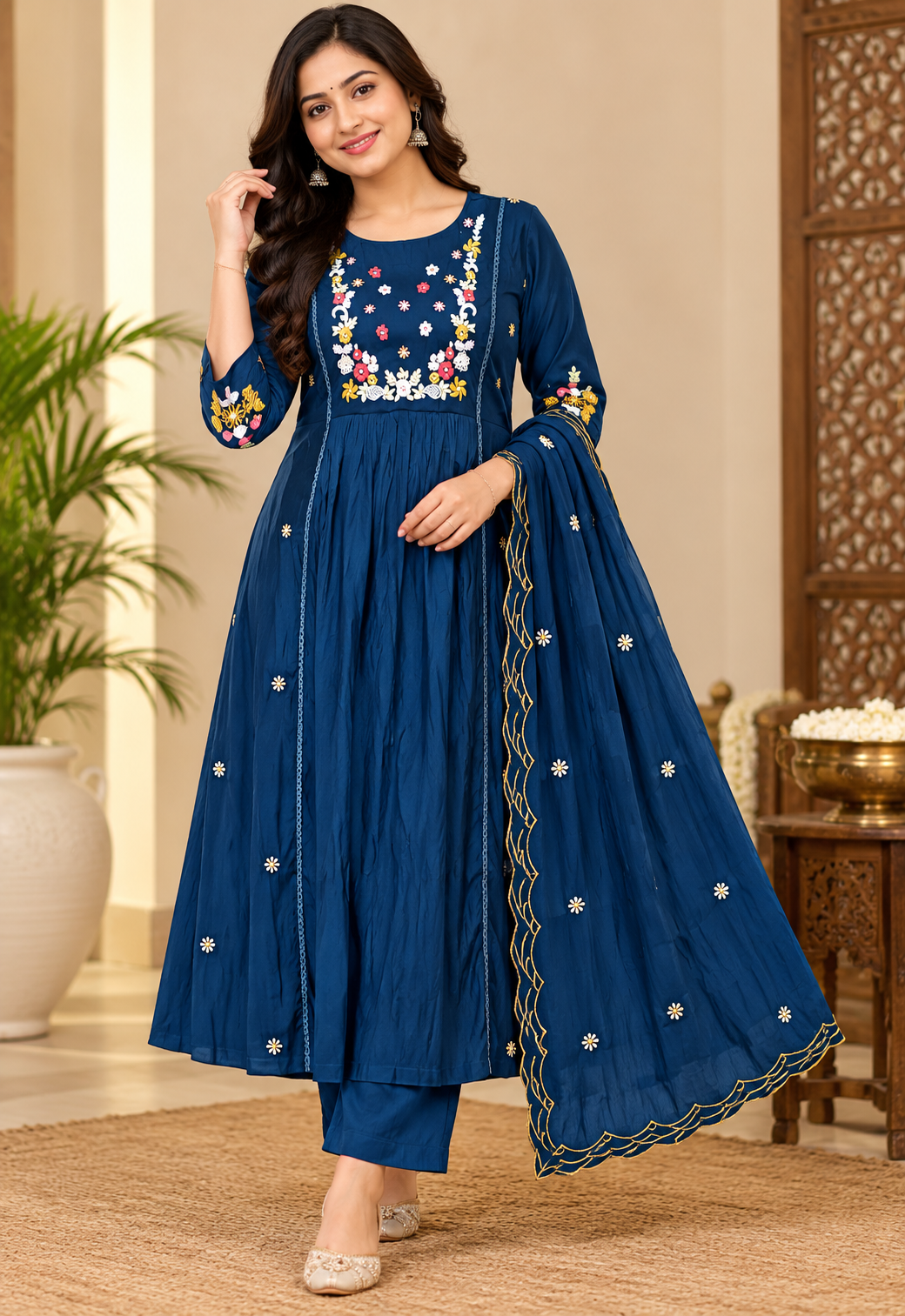 Women’s Navy Blue Floral Embroidered Rayon 3-Piece Kurthi Set