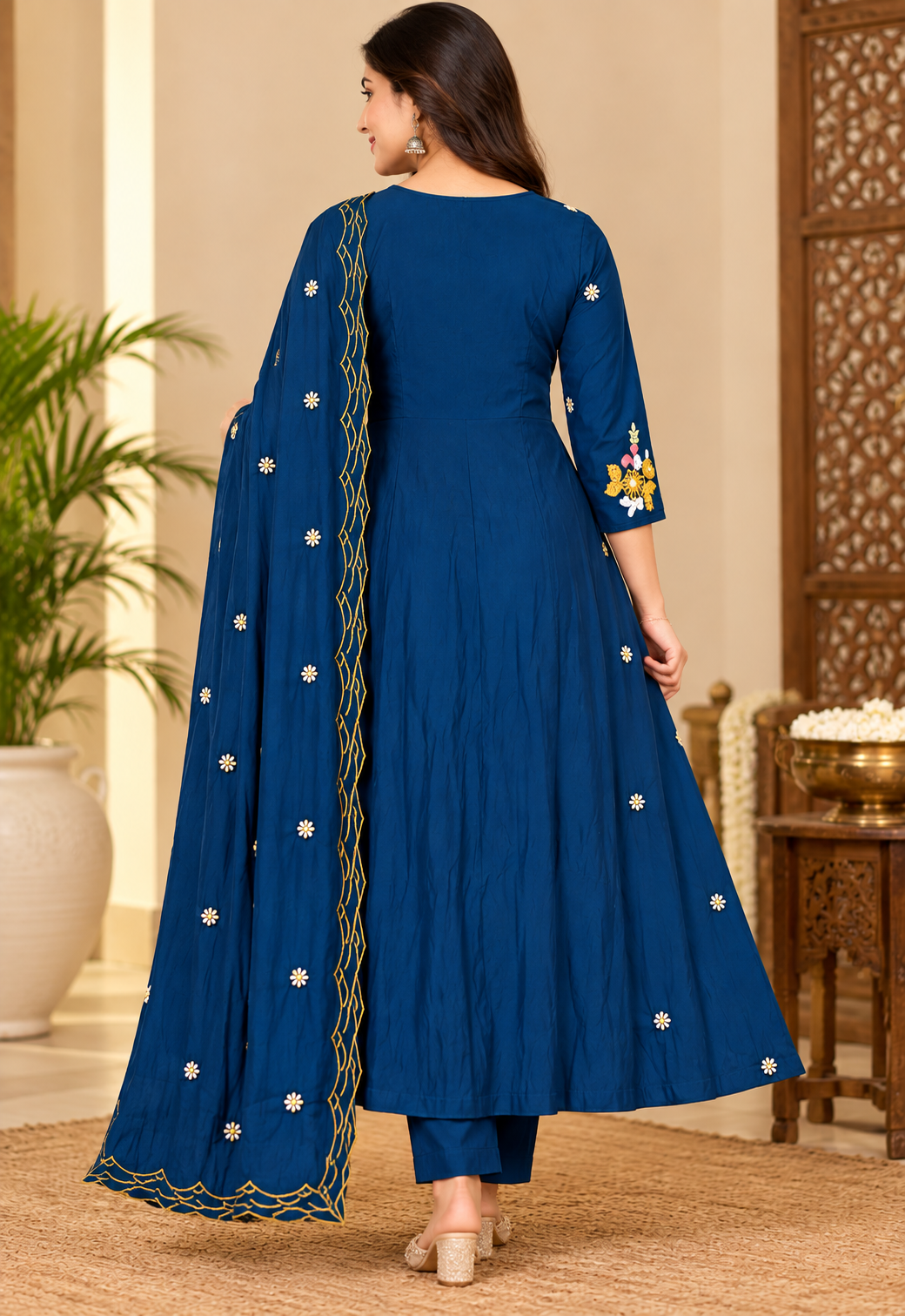 Women’s Navy Blue Floral Embroidered Rayon 3-Piece Kurthi Set