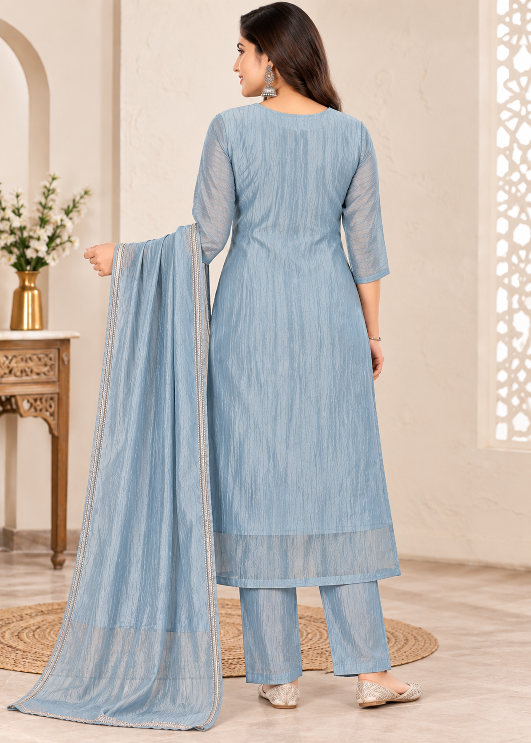 Women’s Blue Embellished Roman Glass 3-Piece Kurthi Set