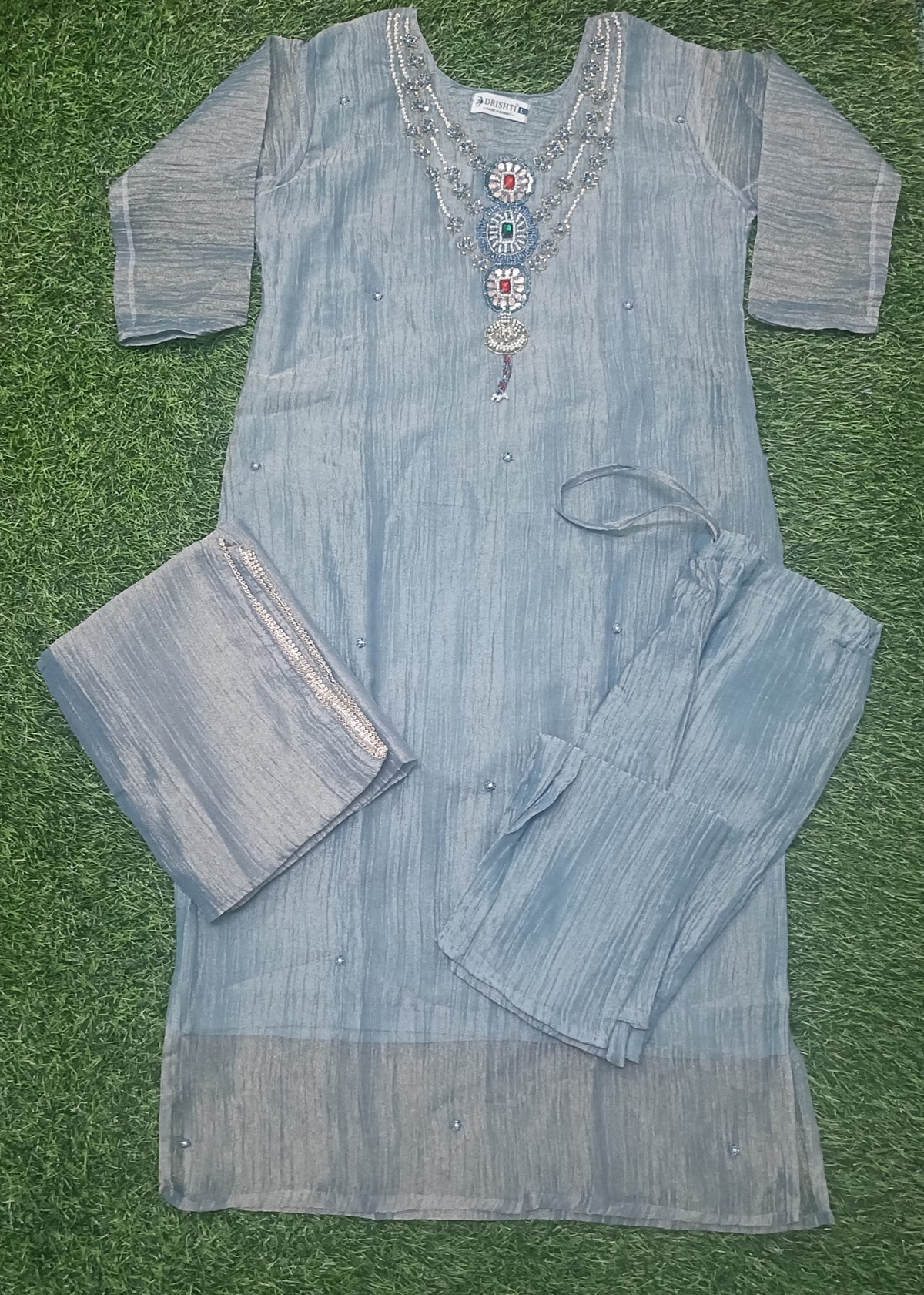Women’s Blue Embellished Roman Glass 3-Piece Kurthi Set