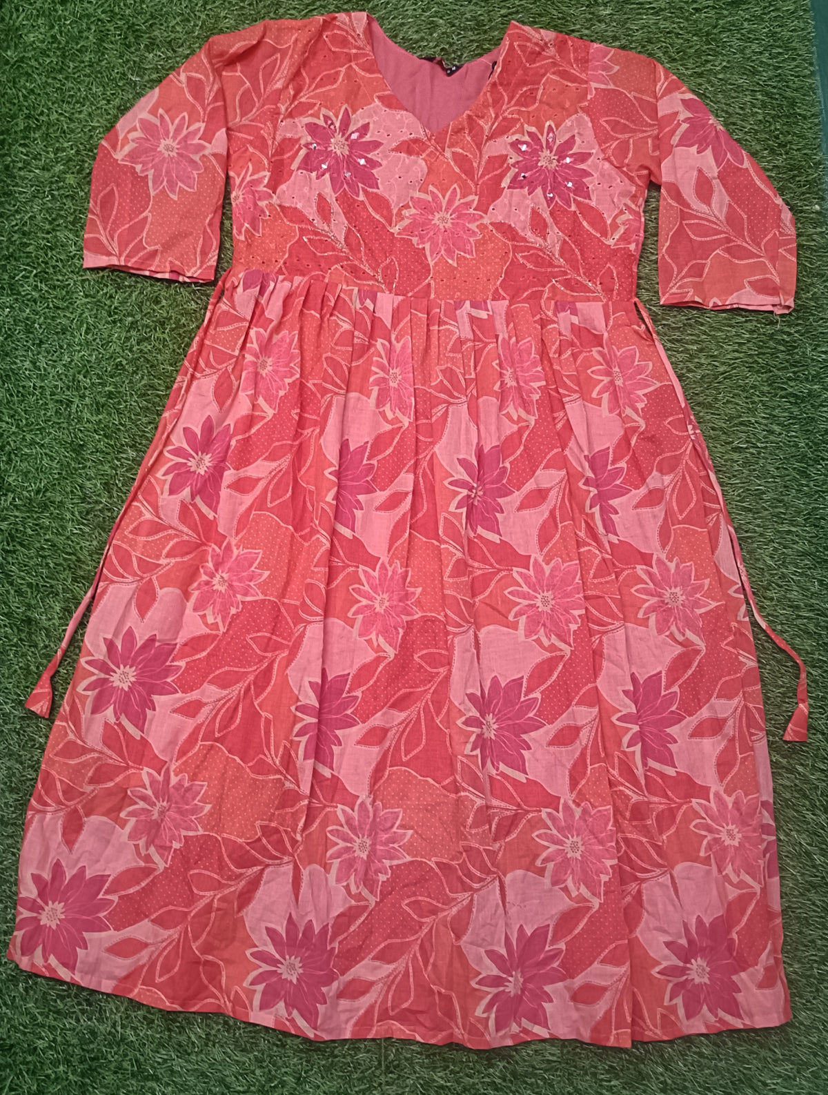 Women’s Coral Pink Floral Printed Cotton Flared  Single Piece Kurthi