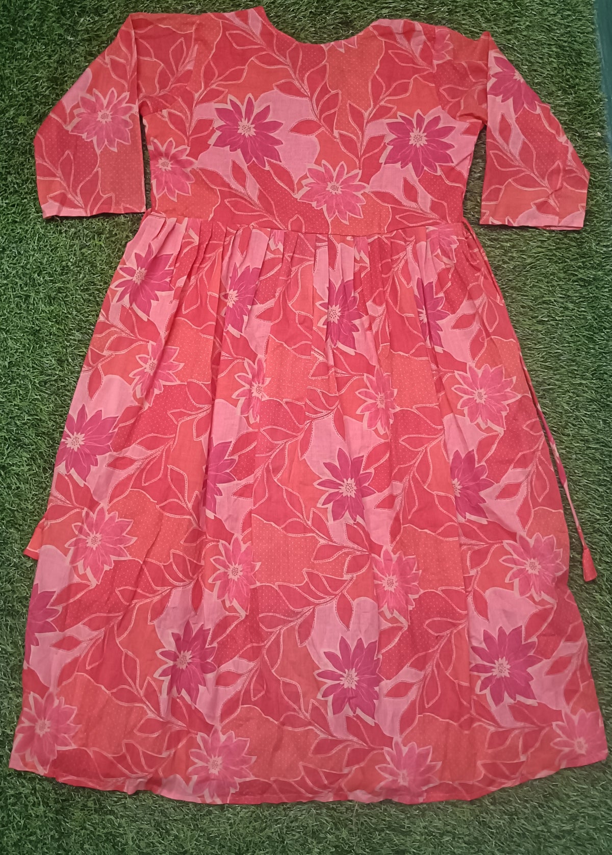 Women’s Coral Pink Floral Printed Cotton Flared  Single Piece Kurthi