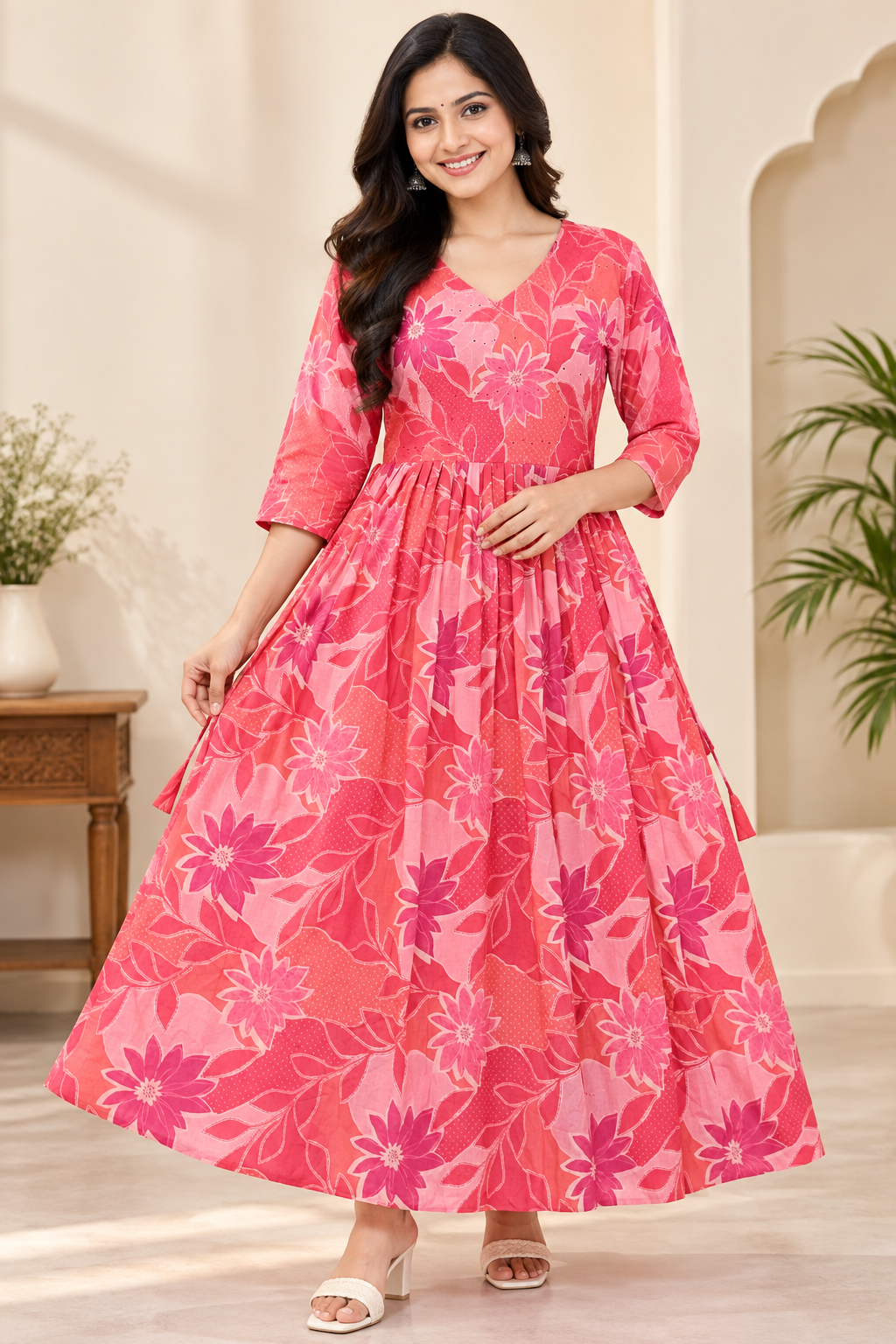 Women’s Coral Pink Floral Printed Cotton Flared  Single Piece Kurthi