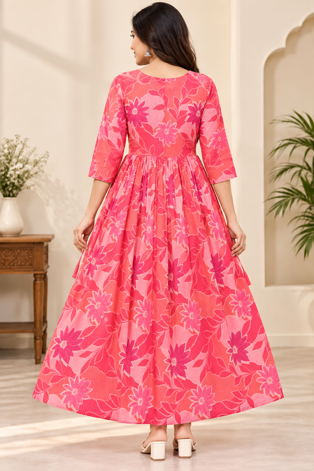 Women’s Coral Pink Floral Printed Cotton Flared  Single Piece Kurthi