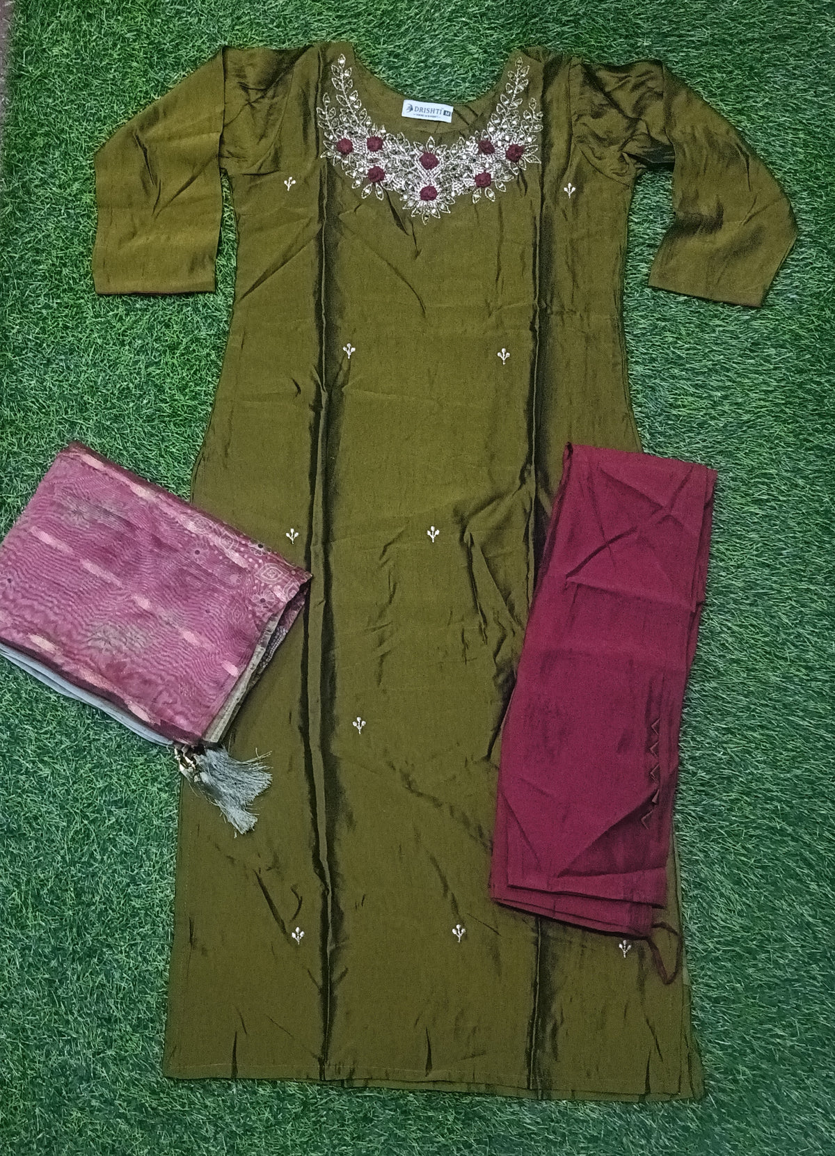 Women’s Olive Green Embroidered Rayon 3-Piece Kurthi Set