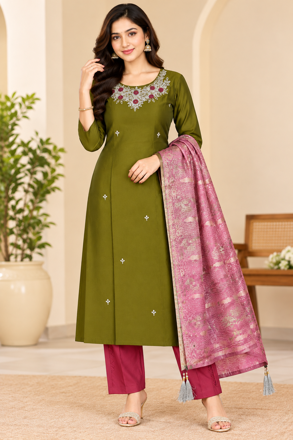 Women’s Olive Green Embroidered Rayon 3-Piece Kurthi Set
