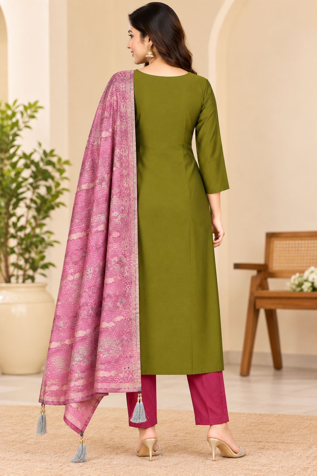 Women’s Olive Green Embroidered Rayon 3-Piece Kurthi Set