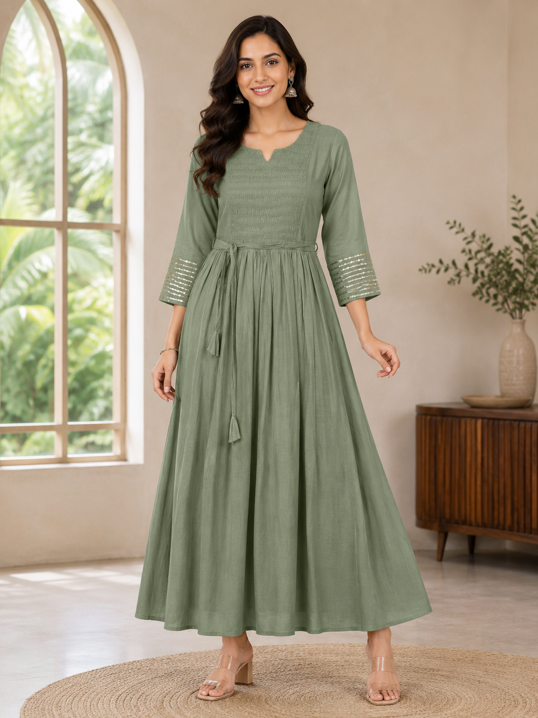 Elegant sage green Rayon Single Piece Kurti with Adjustable Waist Tie