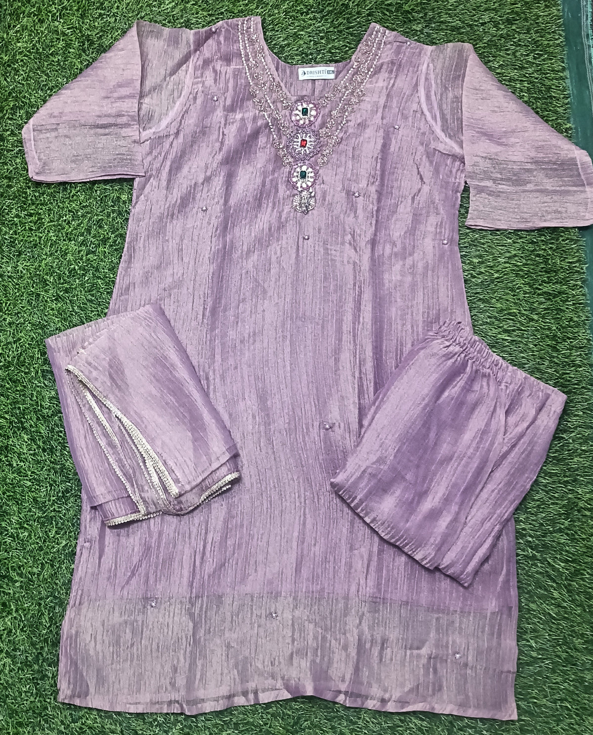 Women’s Lavender Purple Embellished Roman Glass 3-Piece Kurthi Set