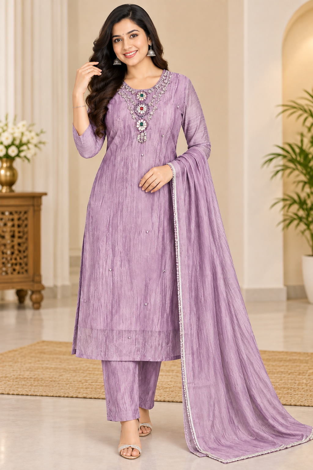 Women’s Lavender Purple Embellished Roman Glass 3-Piece Kurthi Set
