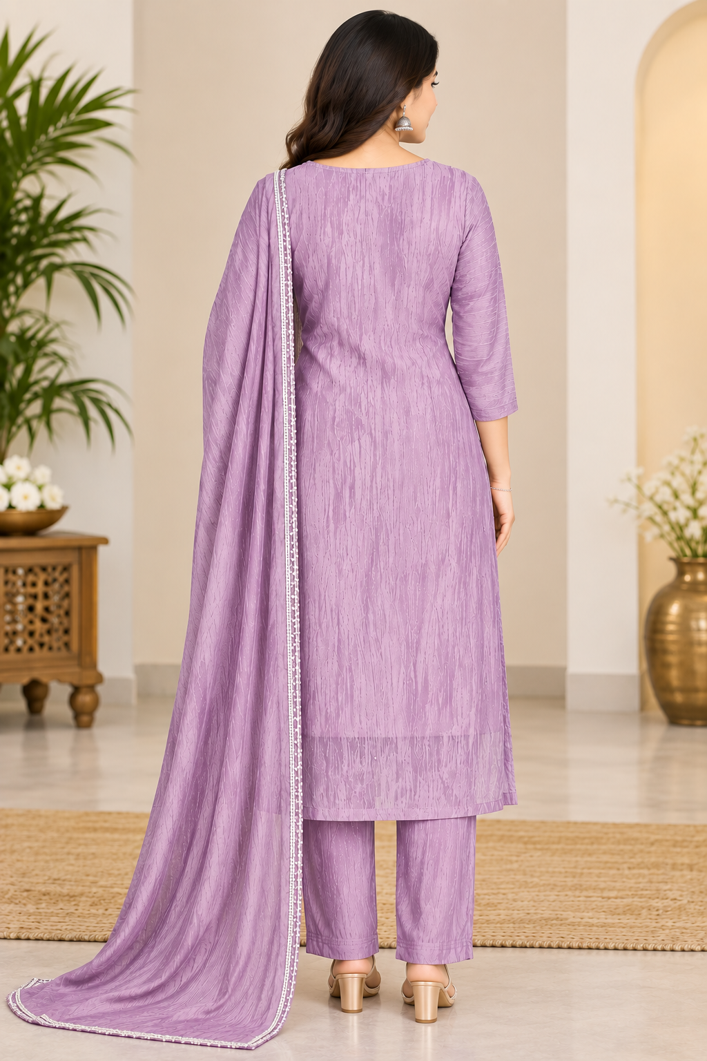 Women’s Lavender Purple Embellished Roman Glass 3-Piece Kurthi Set