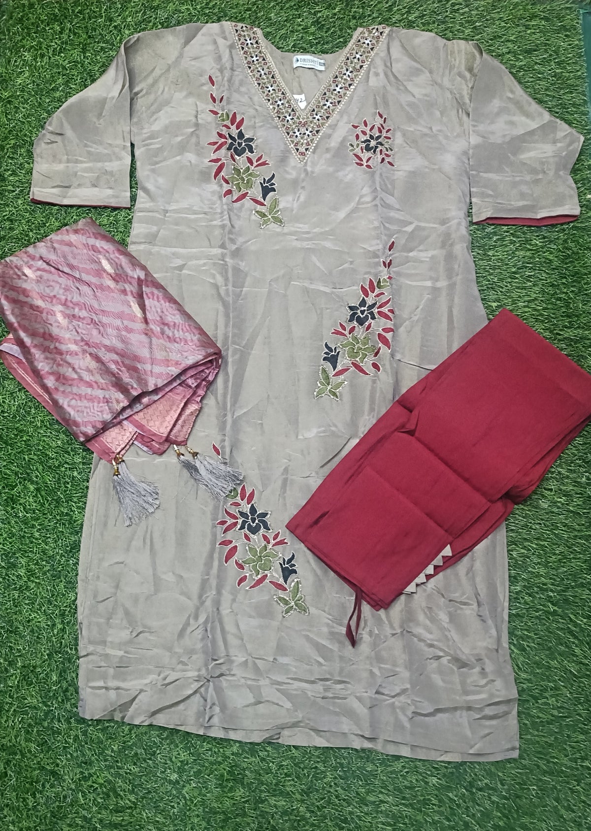Women’s Light Taupe Floral Embroidered Rayon 3-Piece Kurthi Set