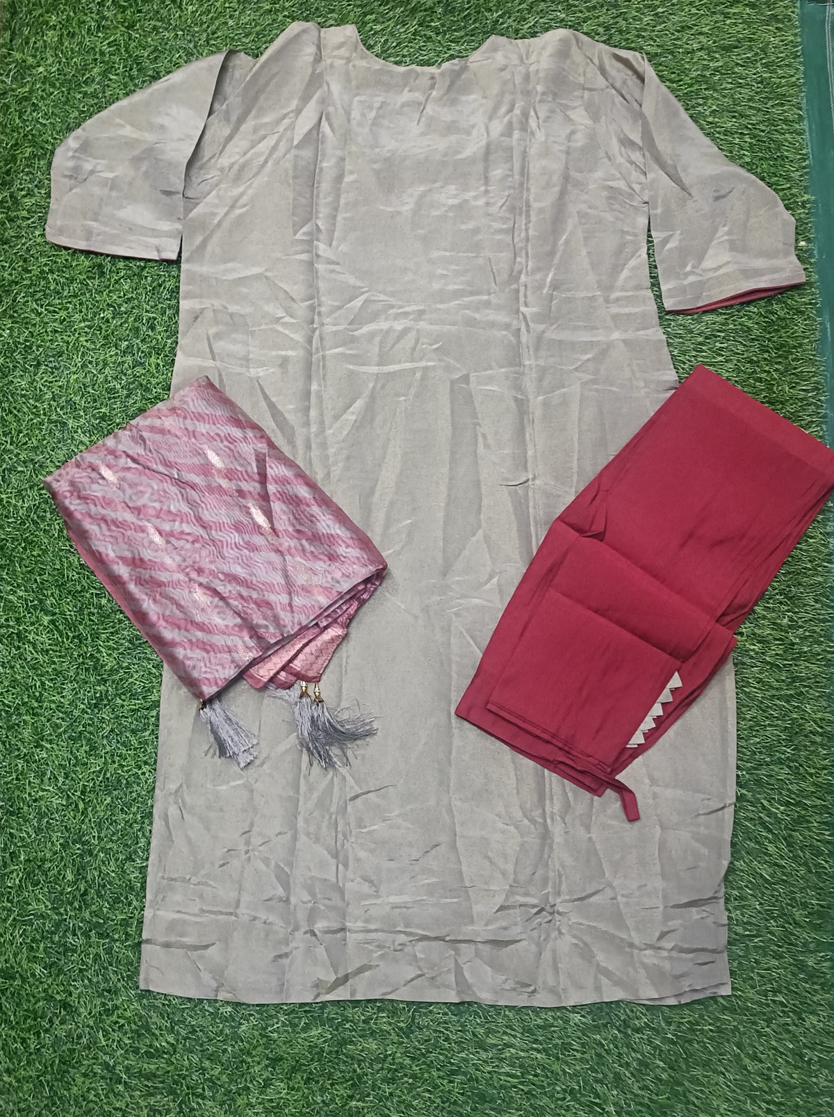 Women’s Light Taupe Floral Embroidered Rayon 3-Piece Kurthi Set