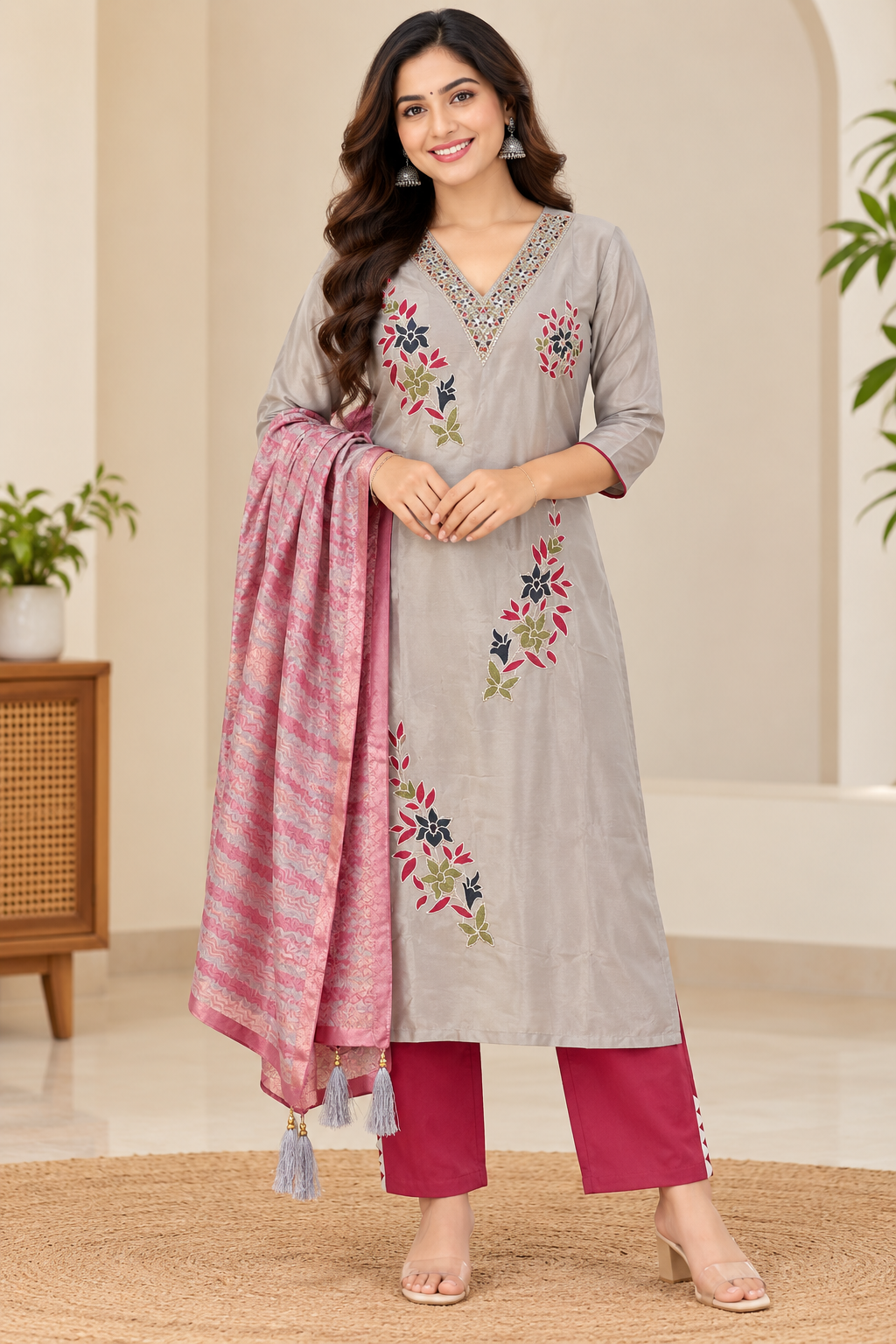 Women’s Light Taupe Floral Embroidered Rayon 3-Piece Kurthi Set