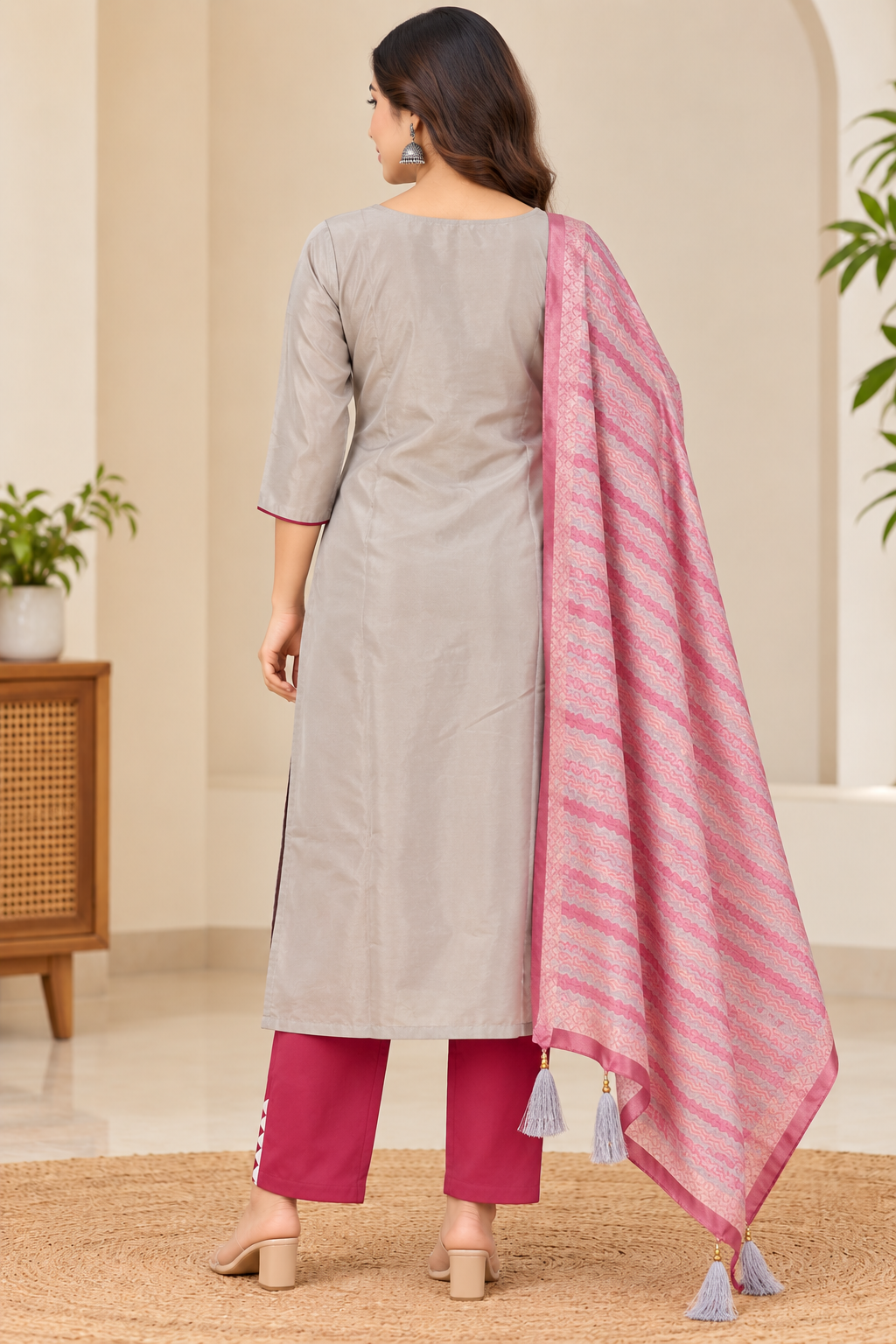Women’s Light Taupe Floral Embroidered Rayon 3-Piece Kurthi Set