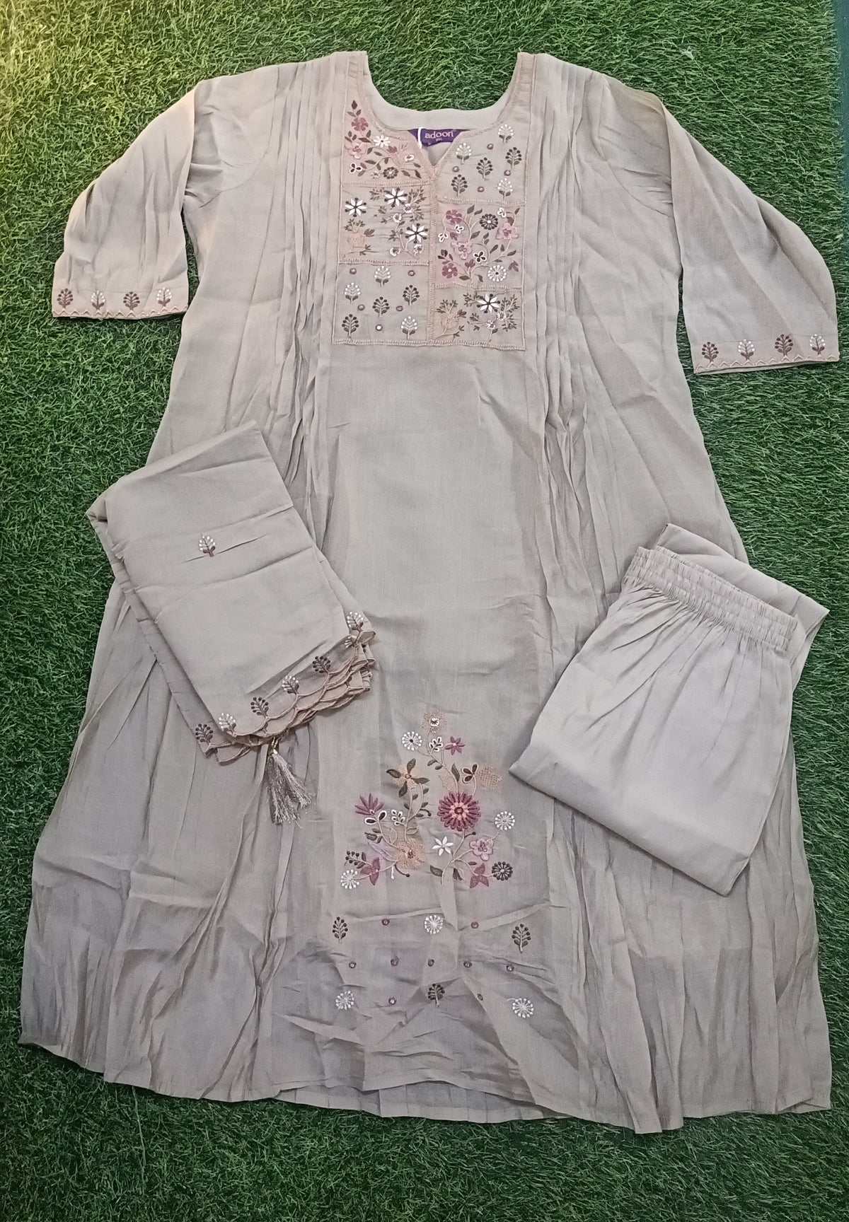 Women’s Dark Cream Floral Embroidered Rayon 3-Piece Kurthi Set
