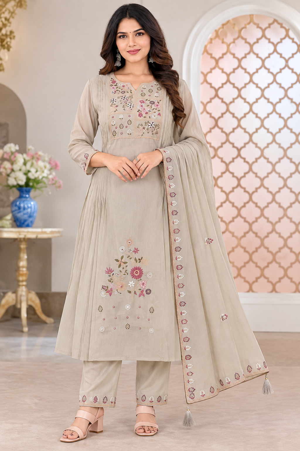 Women’s Dark Cream Floral Embroidered Rayon 3-Piece Kurthi Set