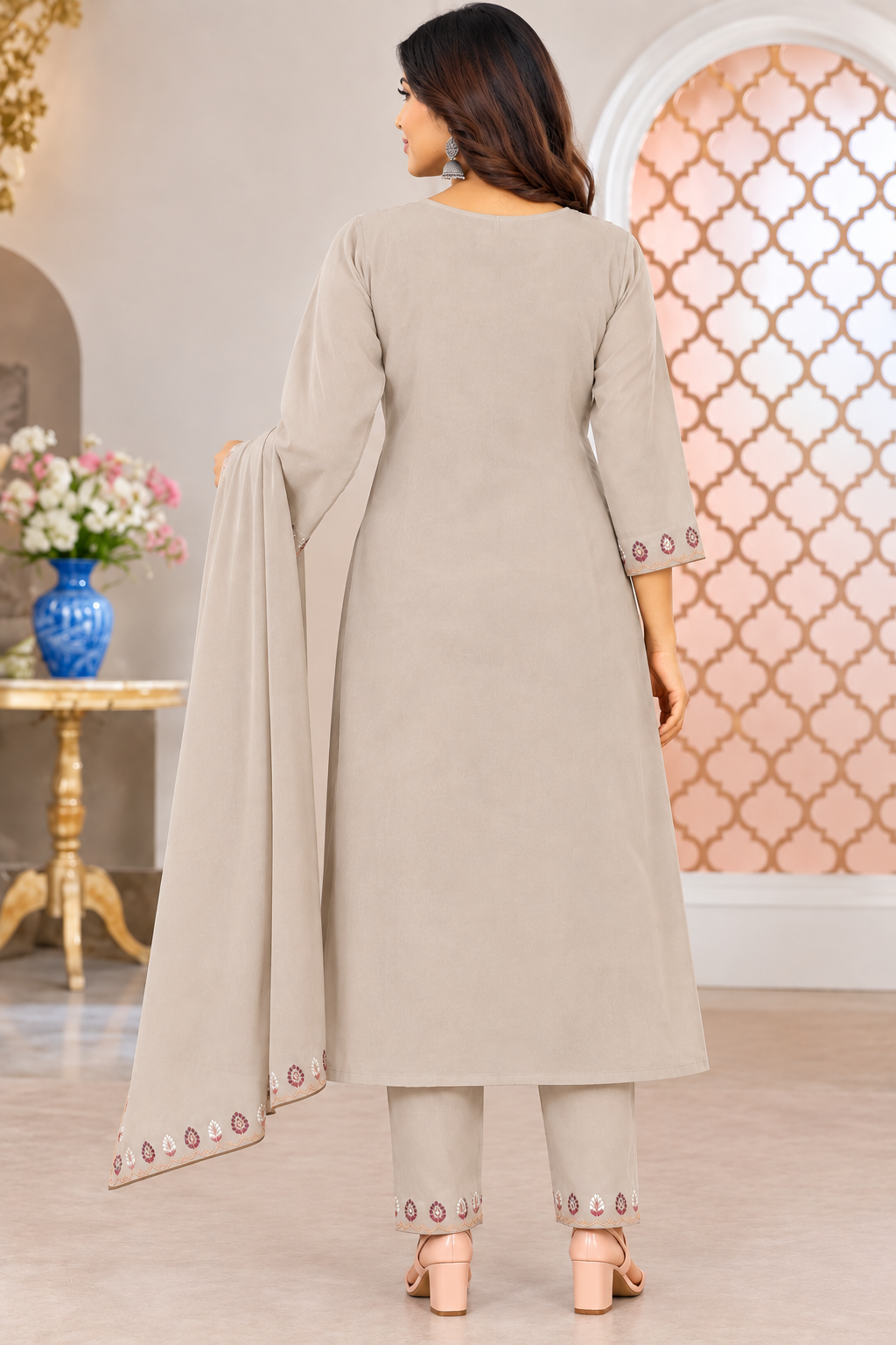 Women’s Dark Cream Floral Embroidered Rayon 3-Piece Kurthi Set