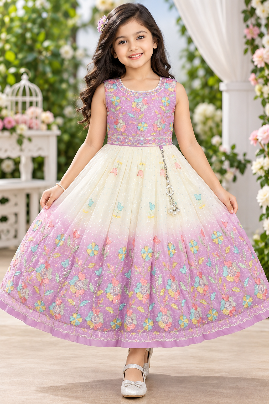 Women’s Dark Cream Floral Embroidered Rayon 3-Piece Kurthi Set