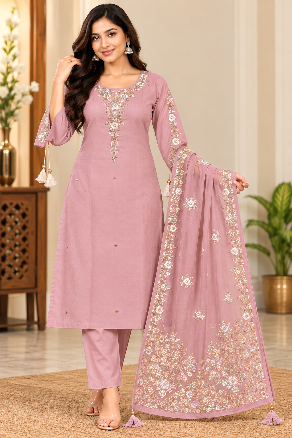 Women’s Light Pink Floral Embroidered Rayon 3-Piece Kurthi Pant & Dupatta Set