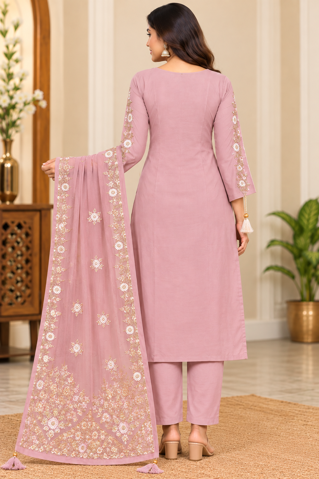 Women’s Light Pink Floral Embroidered Rayon 3-Piece Kurthi Pant & Dupatta Set