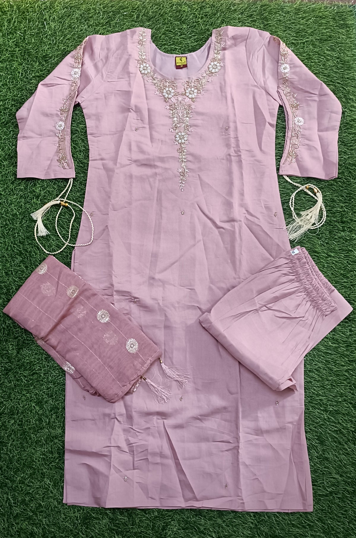 Women’s Light Pink Floral Embroidered Rayon 3-Piece Kurthi Pant & Dupatta Set
