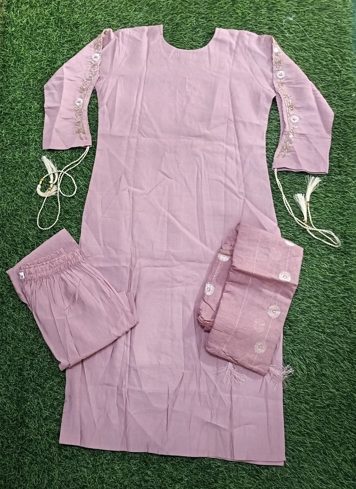 Women’s Light Pink Floral Embroidered Rayon 3-Piece Kurthi Pant & Dupatta Set