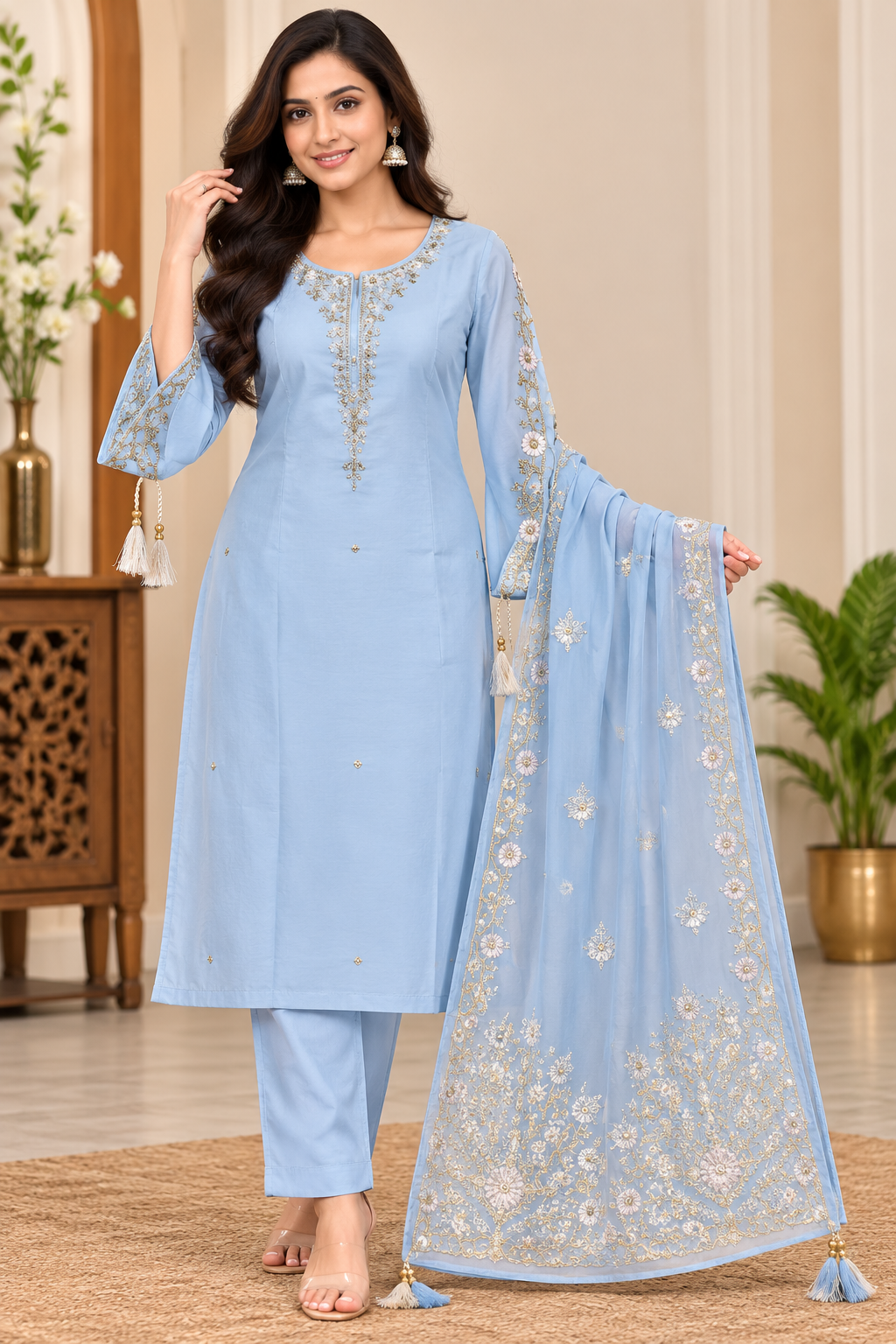 Women’s Light Blue Embroidered Rayon 3-Piece Kurthi Pant & Dupatta Set