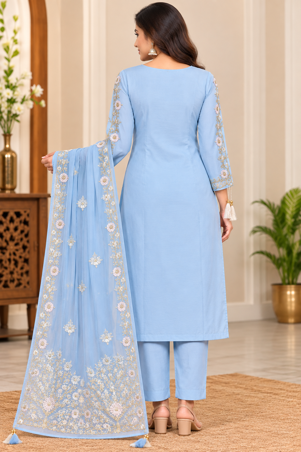 Women’s Light Blue Embroidered Rayon 3-Piece Kurthi Pant & Dupatta Set