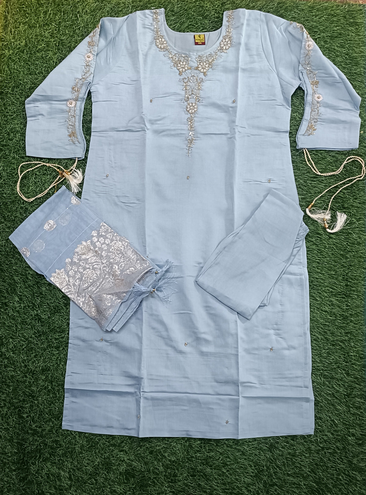 Women’s Light Blue Embroidered Rayon 3-Piece Kurthi Pant & Dupatta Set