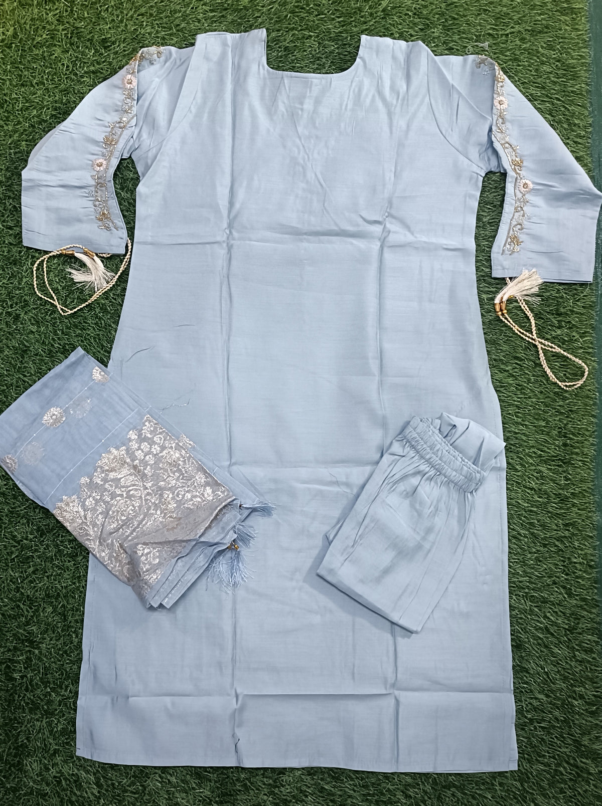 Women’s Light Blue Embroidered Rayon 3-Piece Kurthi Pant & Dupatta Set