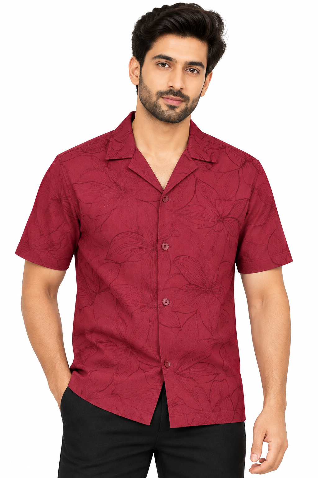 Men's Maroon Floral Textured Half Sleeve Shirt