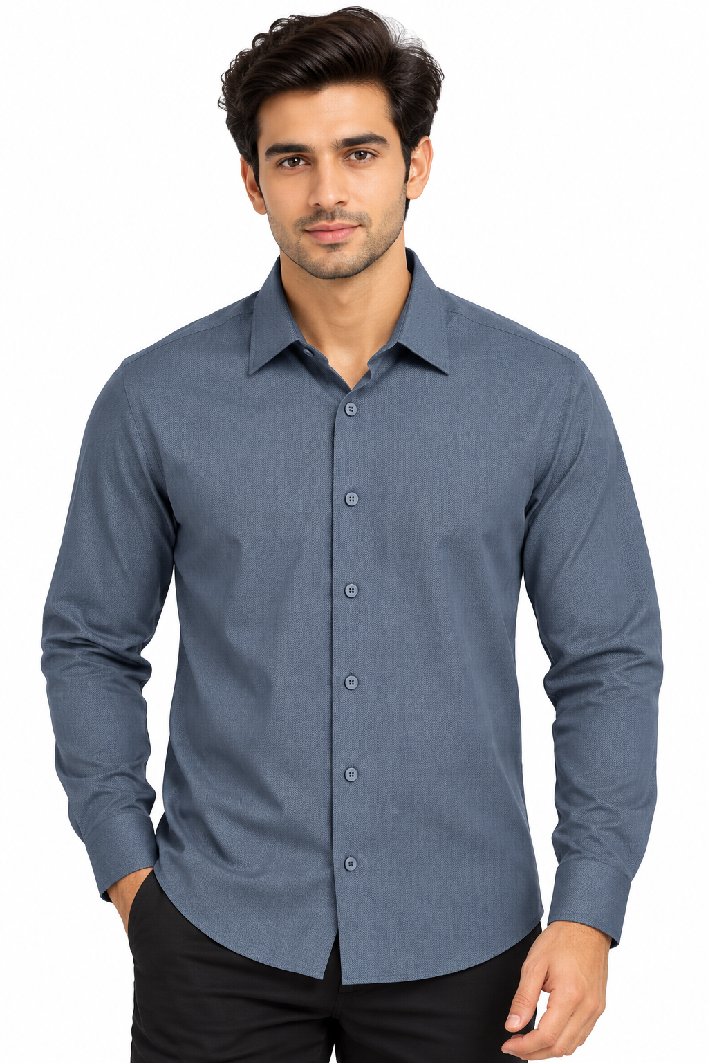 Men's Charcoal Grey Herringbone Textured Full Sleeve Shirt