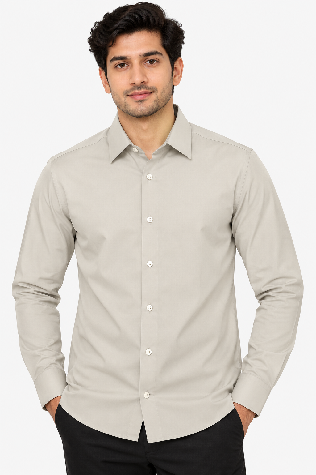 Men’s Light Grey Solid Full Sleeve Stretch Shirt