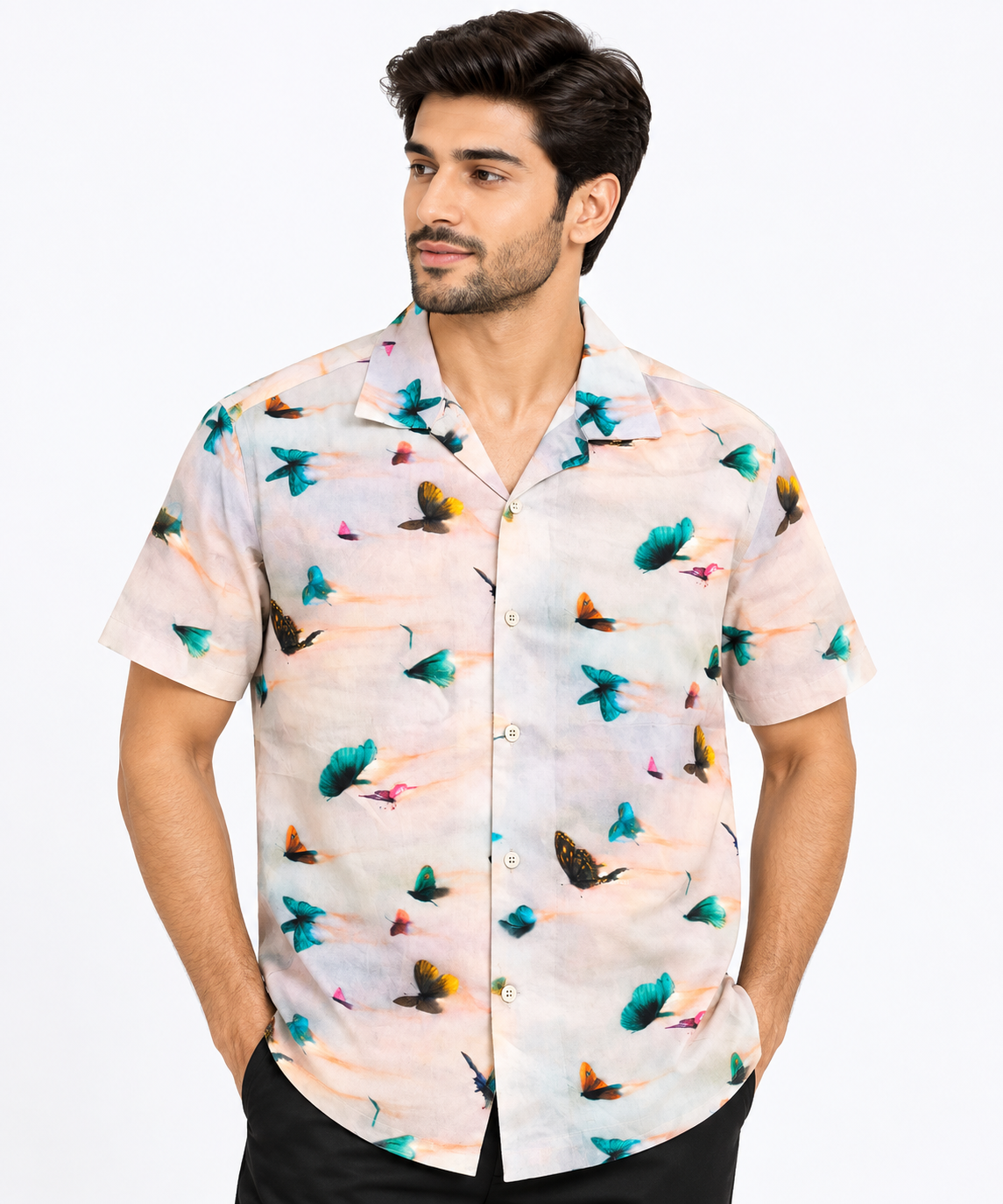 Men’s Light Grey Butterfly Print Half Sleeve Shirt