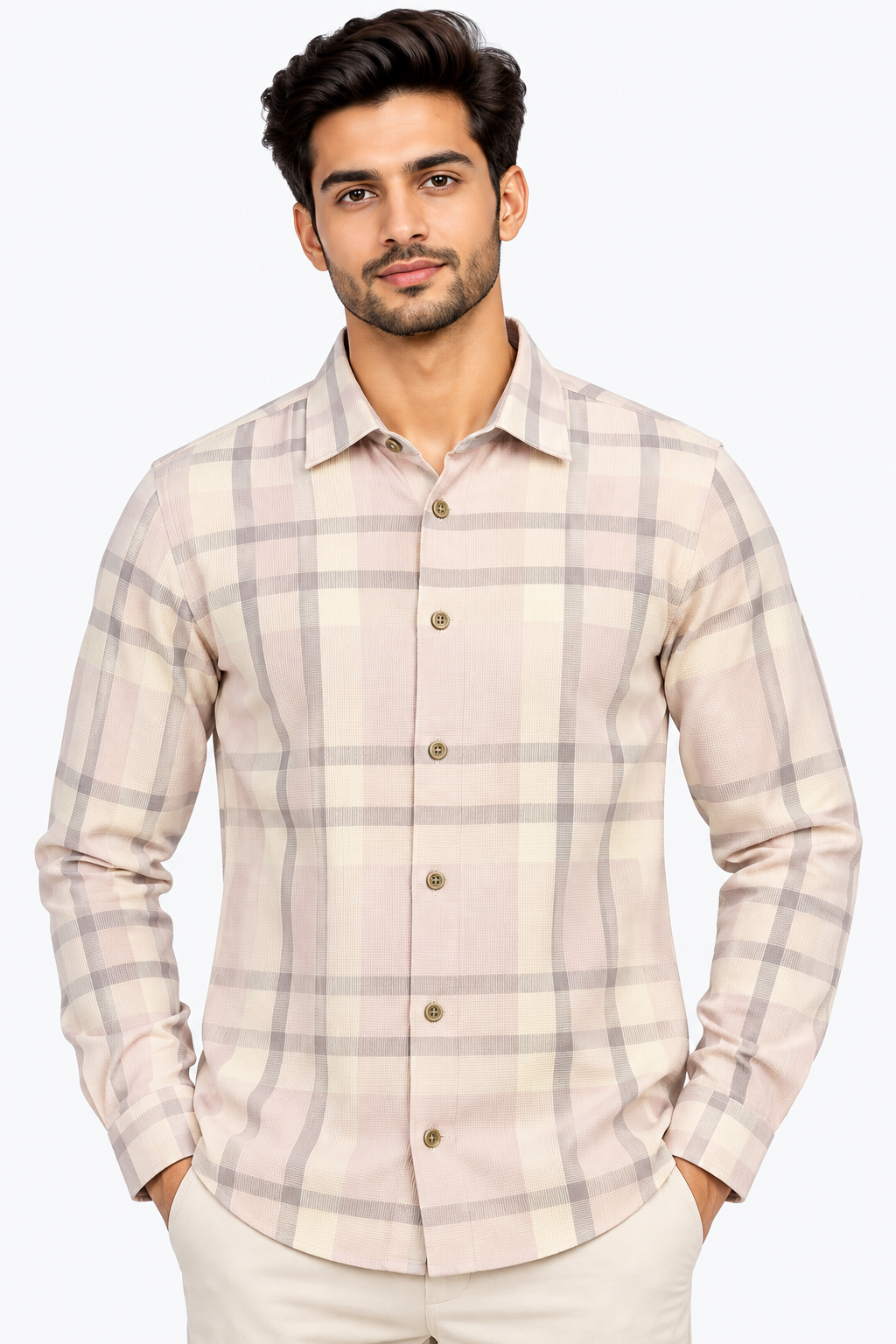 Men’s Light Purple & Cream Checked Full Sleeve Shirt