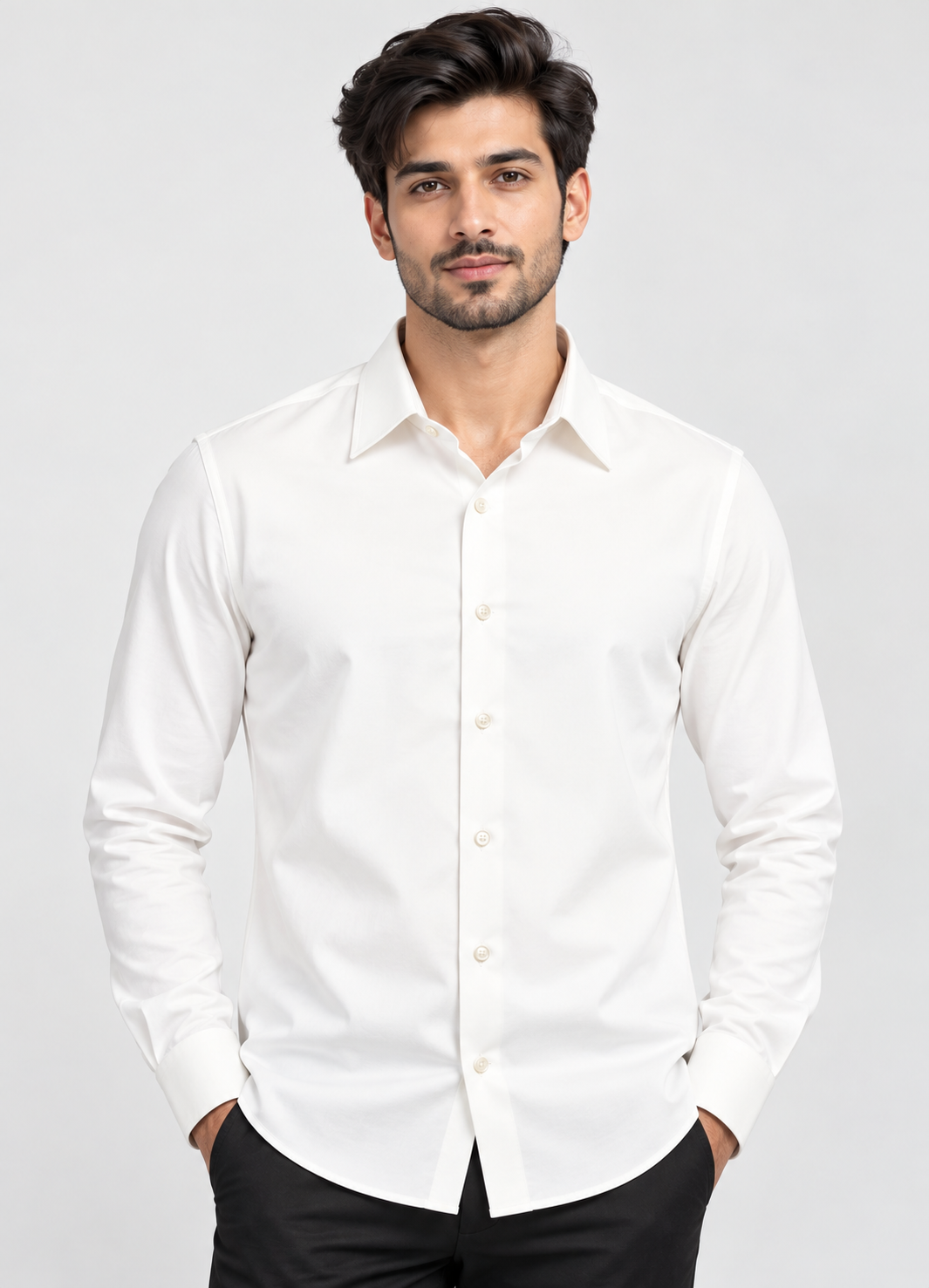 Men’s White Solid Full Sleeve Stretch Shirt