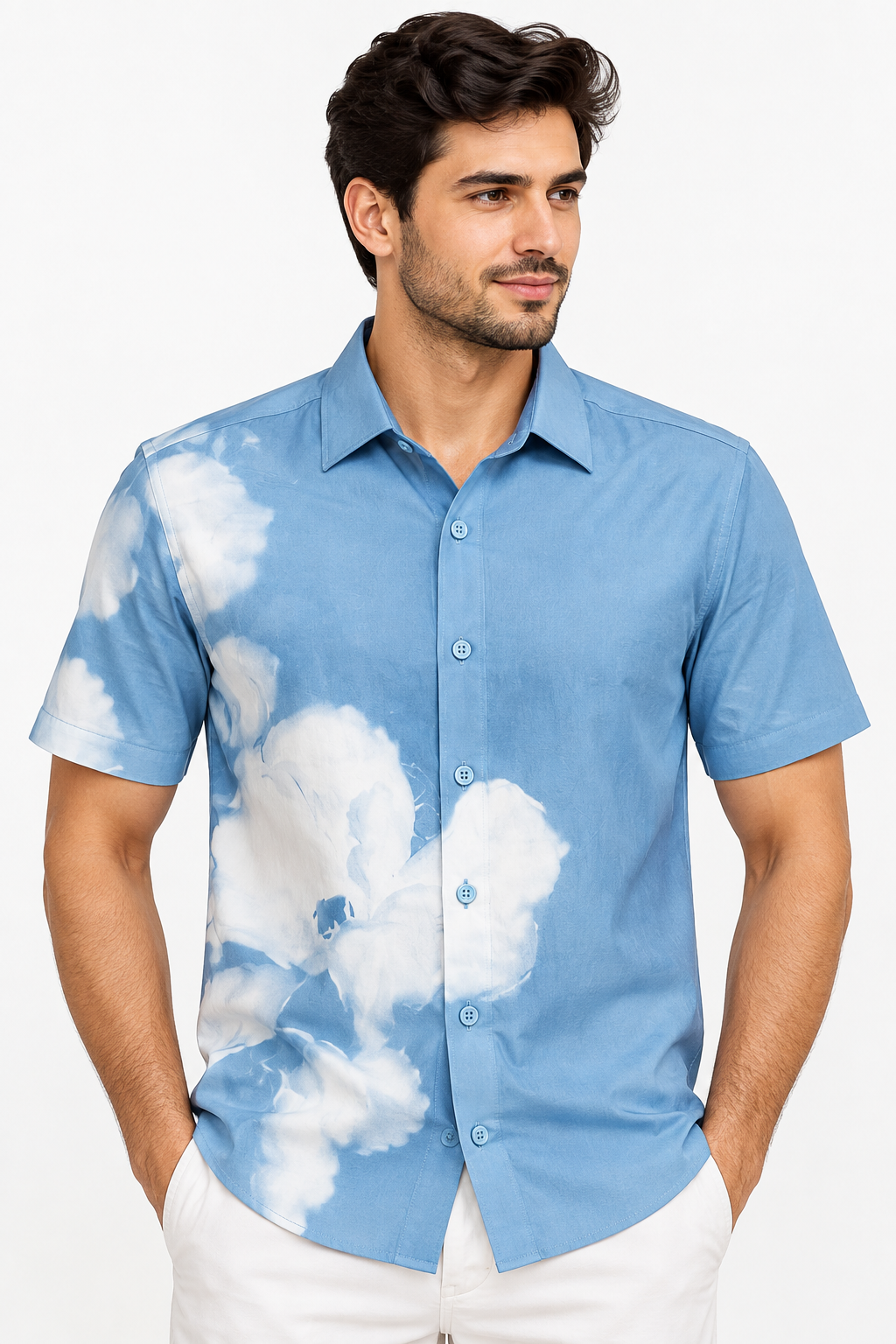 Men’s Sky Blue & White Floral Print Half Sleeve Shirt