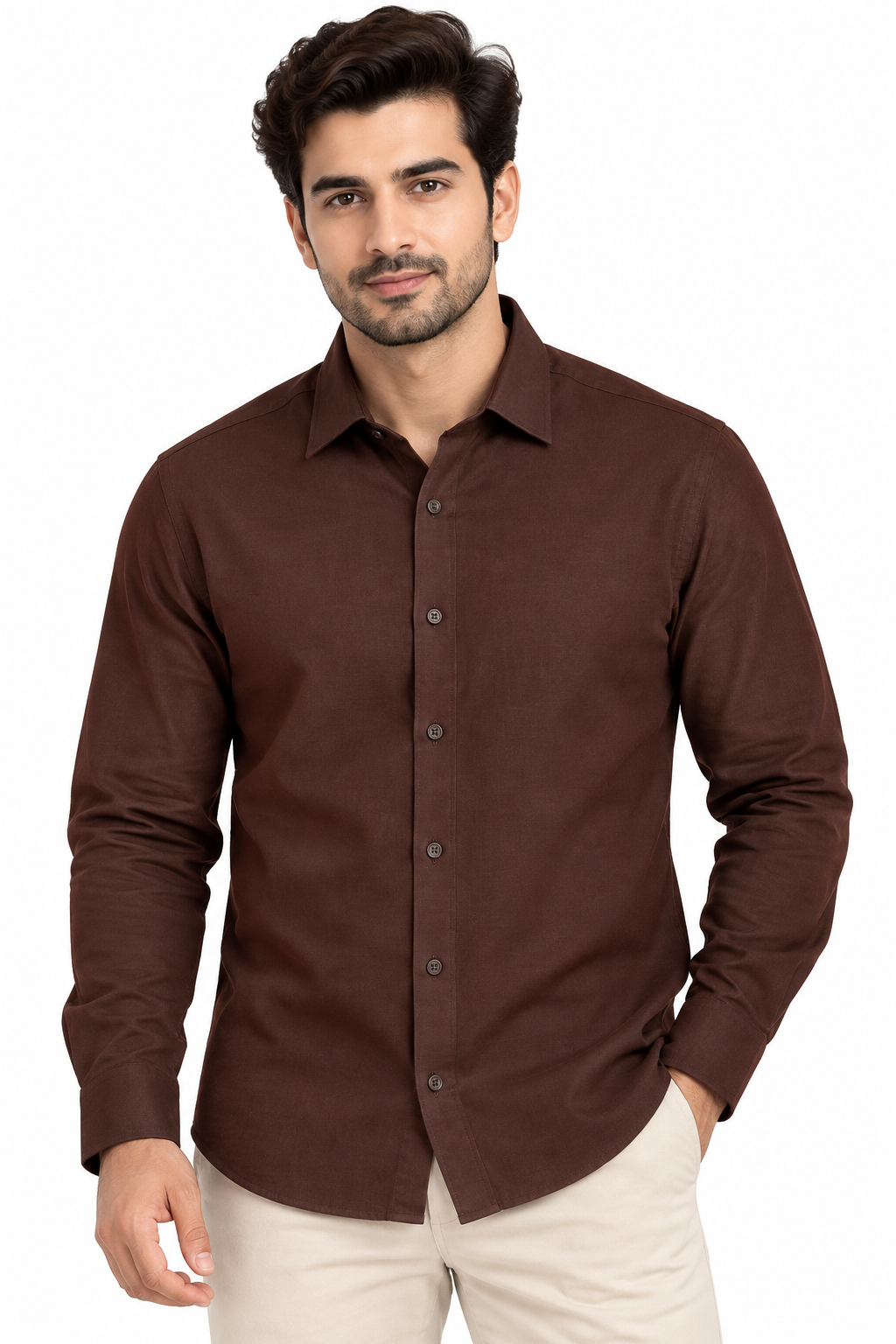 Men’s Chocolate Brown Solid Full Sleeve Cotton Shirt
