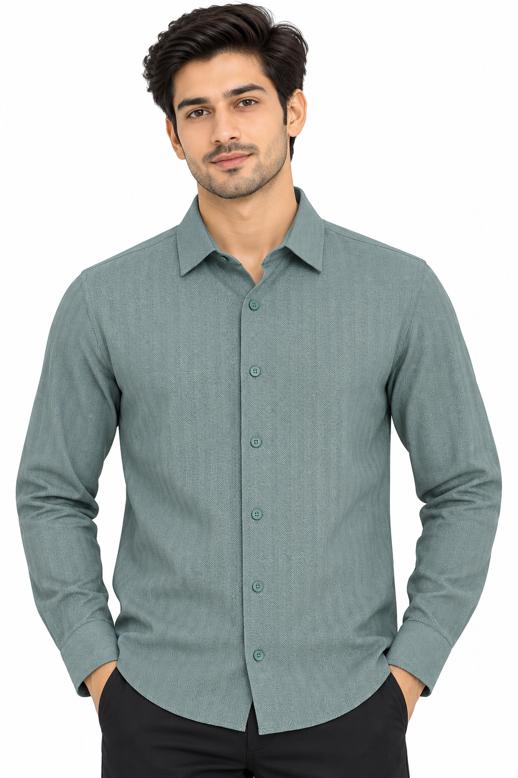 Men’s Sage Green Herringbone Full Sleeve Shirt