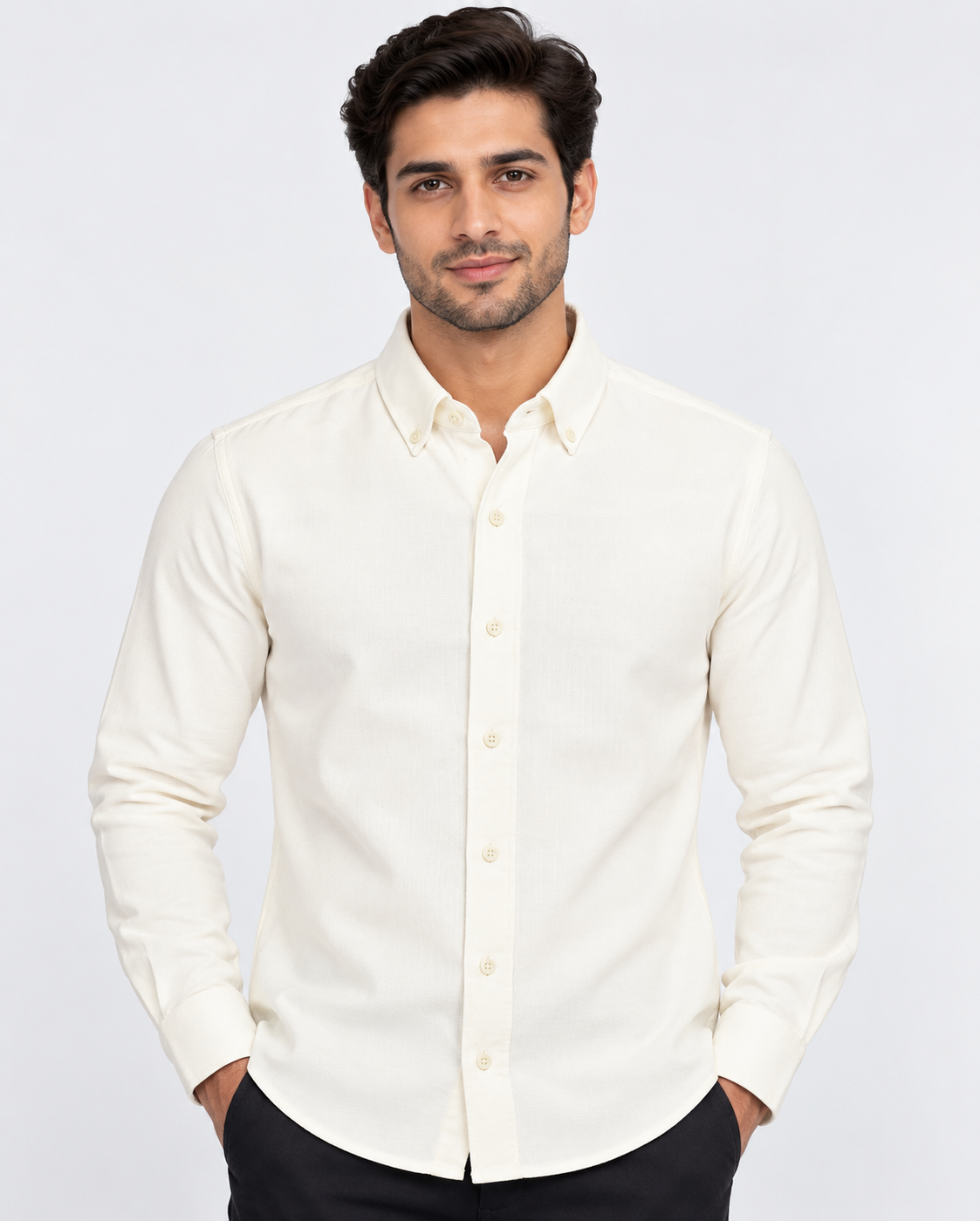 Men’s Off-White Solid Button-Down Collar Full Sleeve Shirt
